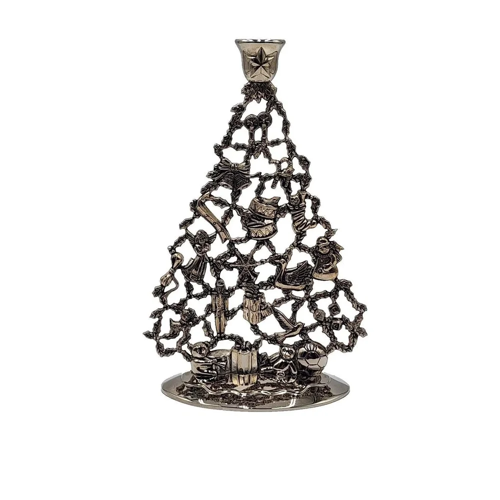 Vintage Christmas Tree Candlestick Holder Silverplate Holiday Decor 9.75